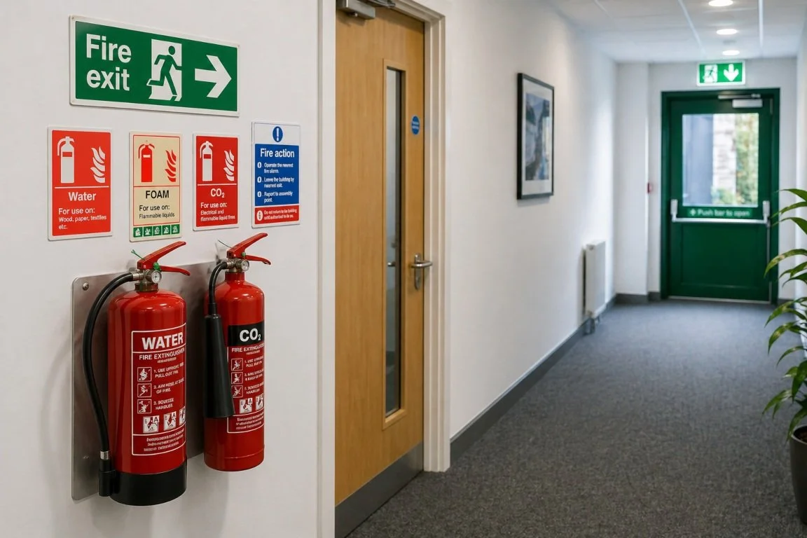 Fire extinguishers with safety signage positioned along an escape route in a UK workplace