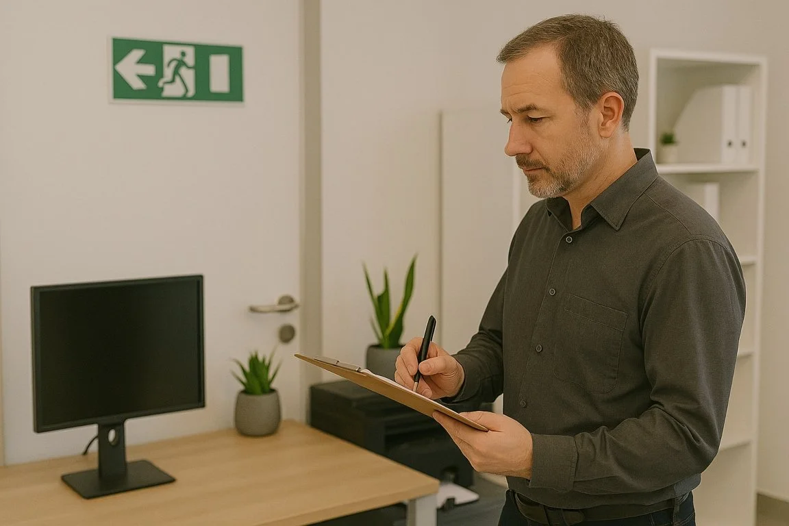 Health and safety consultant carrying out an office safety audit, reviewing fire exits, electrical equipment, and workplace compliance.