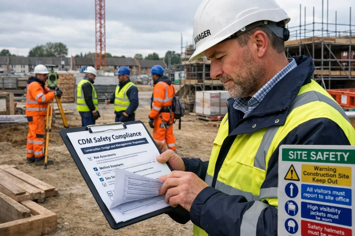 UK construction site with workers wearing PPE and a site supervisor reviewing safety documentation for CDM compliance