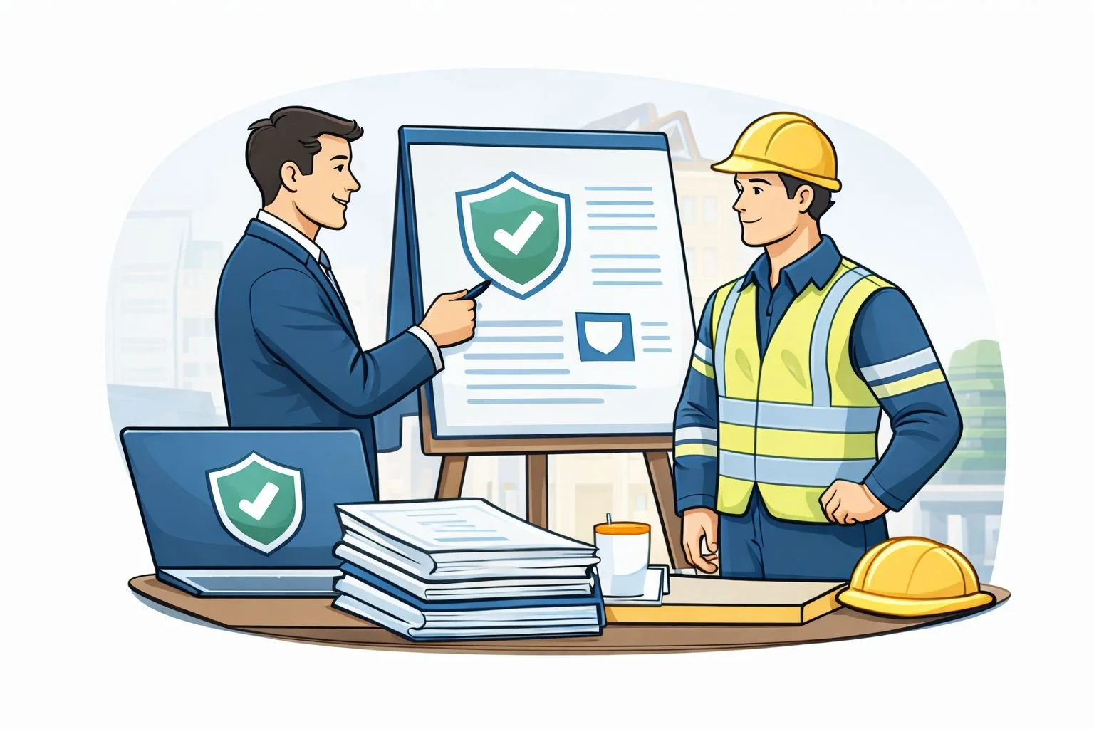 Illustration of a safety consultant explaining compliance requirements to a construction worker using documents and a presentation board.