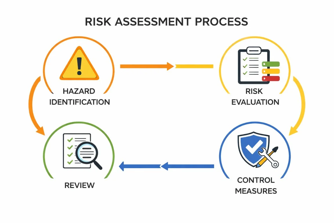 Risk assessment process diagram showing hazard identification, risk evaluation, control measures, and review