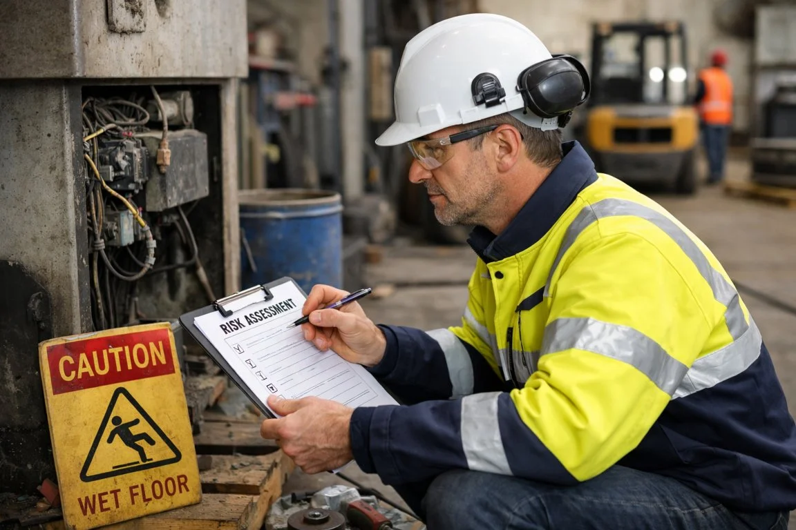 Health and safety professional conducting a workplace risk assessment to identify potential hazards