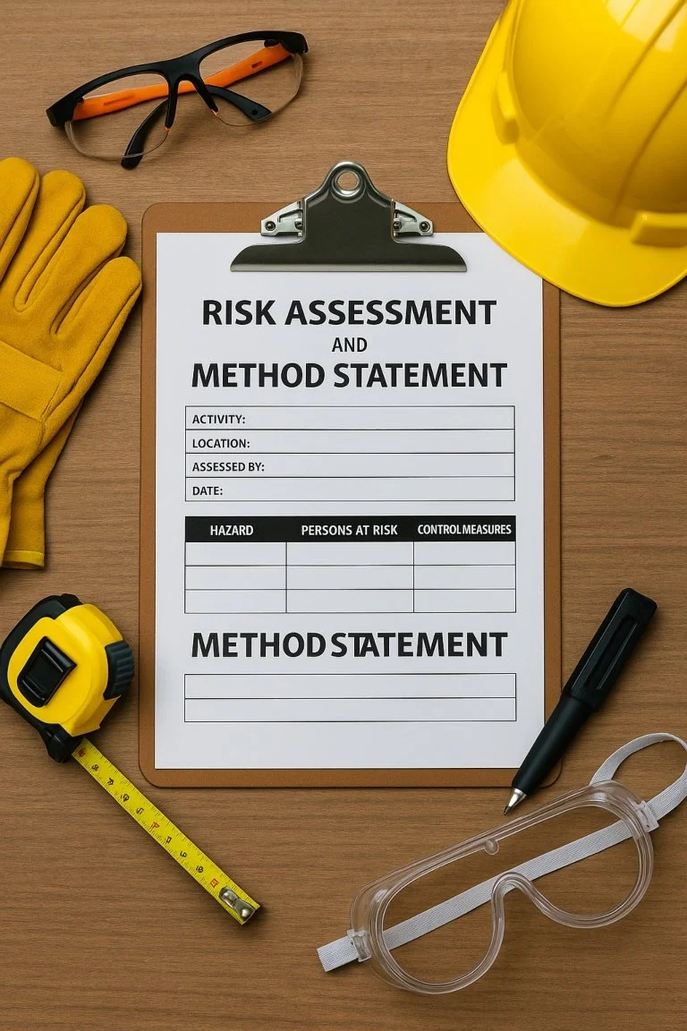 Risk Assessment and Method Statement (RAMS) document on clipboard with PPE and work tools.