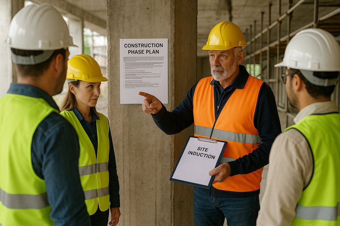Principal contractor delivering a CDM site induction and explaining the Construction Phase Plan to workers.