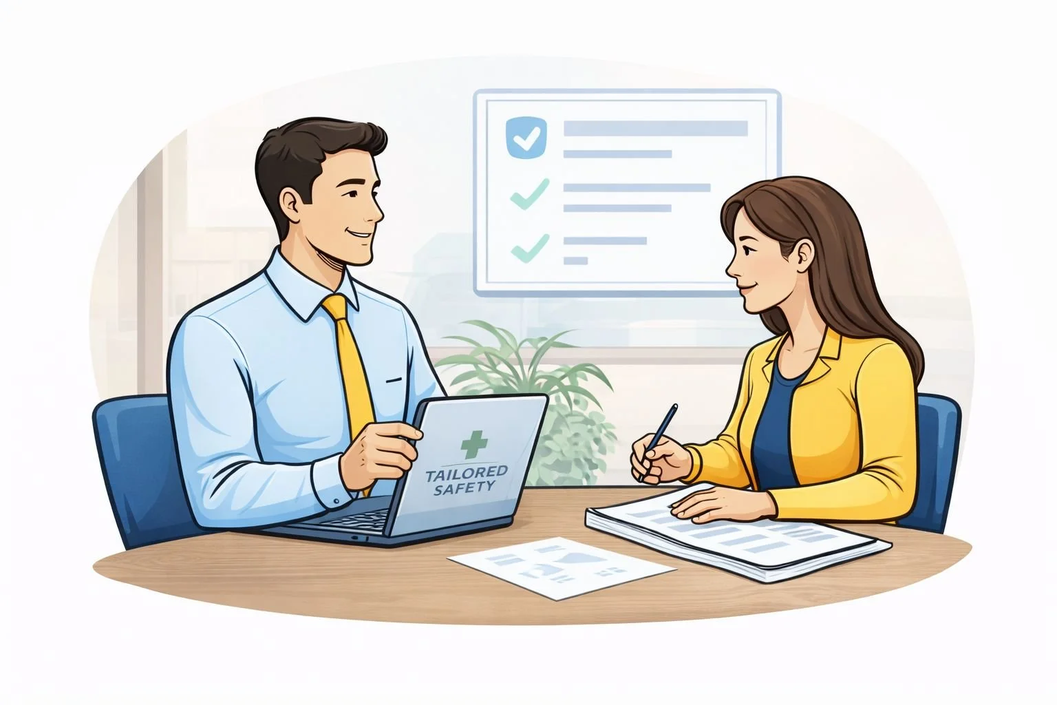 Illustration of a health and safety consultant meeting with a client at a table, reviewing documents on a laptop and notepad in a modern office setting