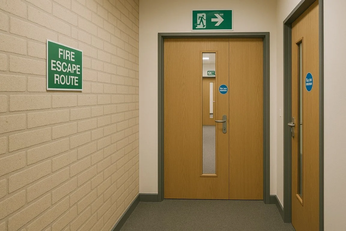 Clearly marked fire escape route with emergency exit signage and fire doors in a commercial premises