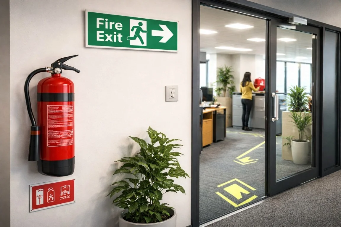Workplace fire safety setup with fire extinguisher, exit signage and clear escape route in a UK business premises