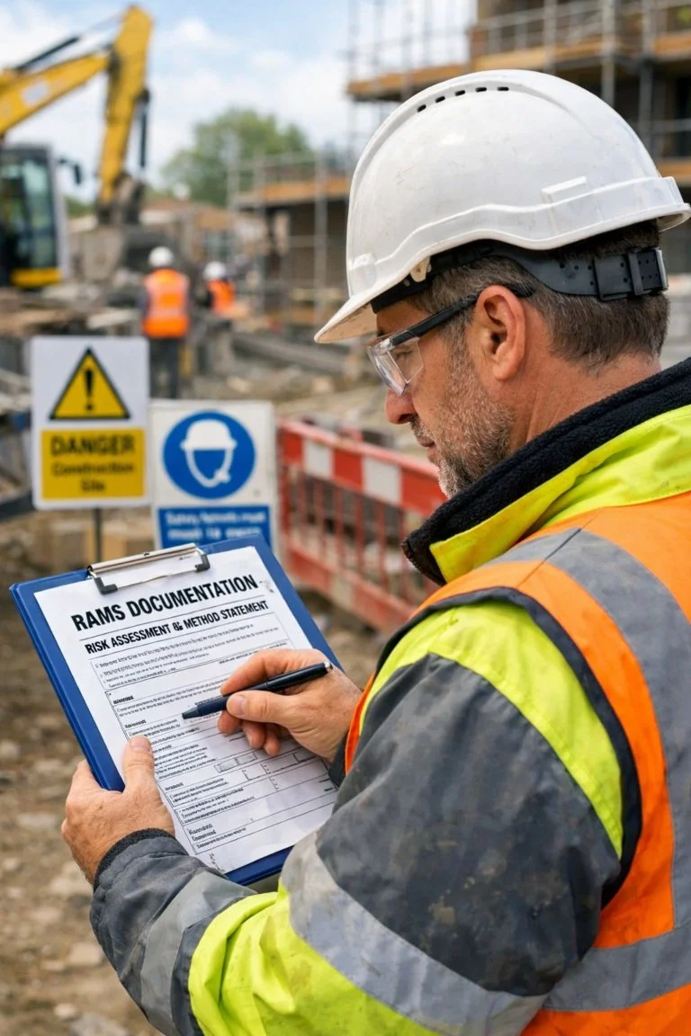 Construction site supervisor reviewing RAMS documentation for safe working