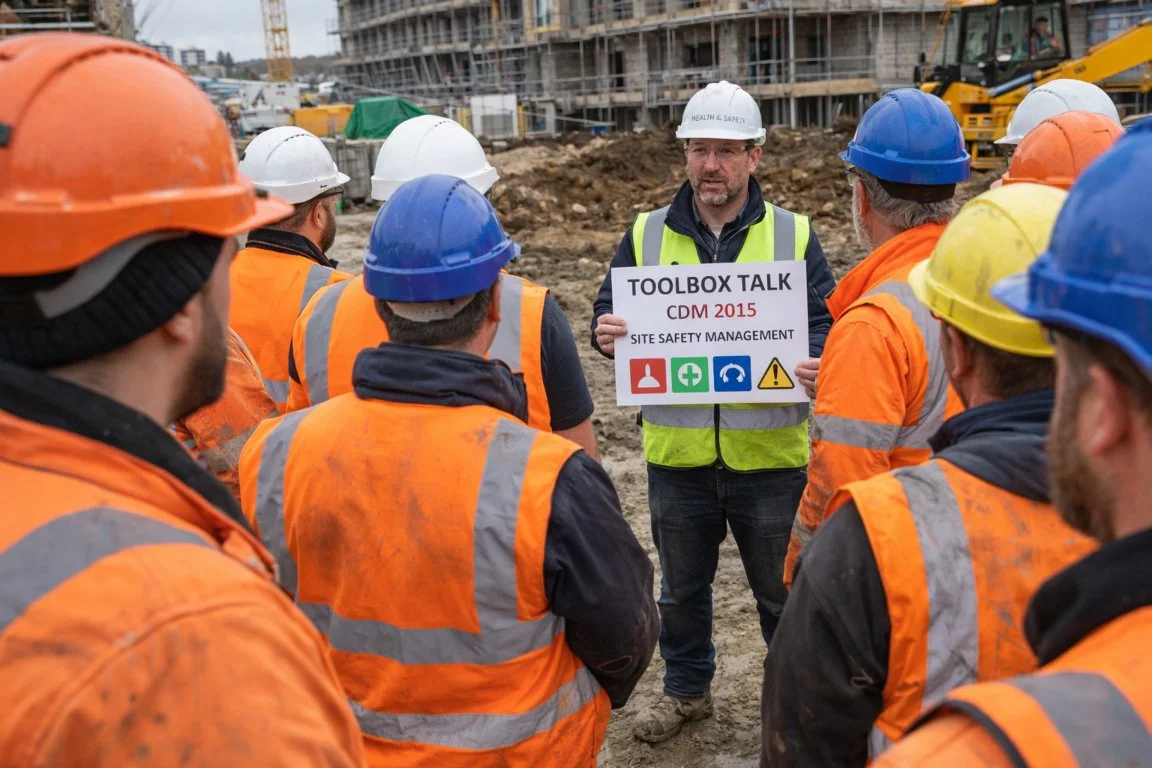 Construction workers attending a toolbox talk as part of CDM 2015 site safety management