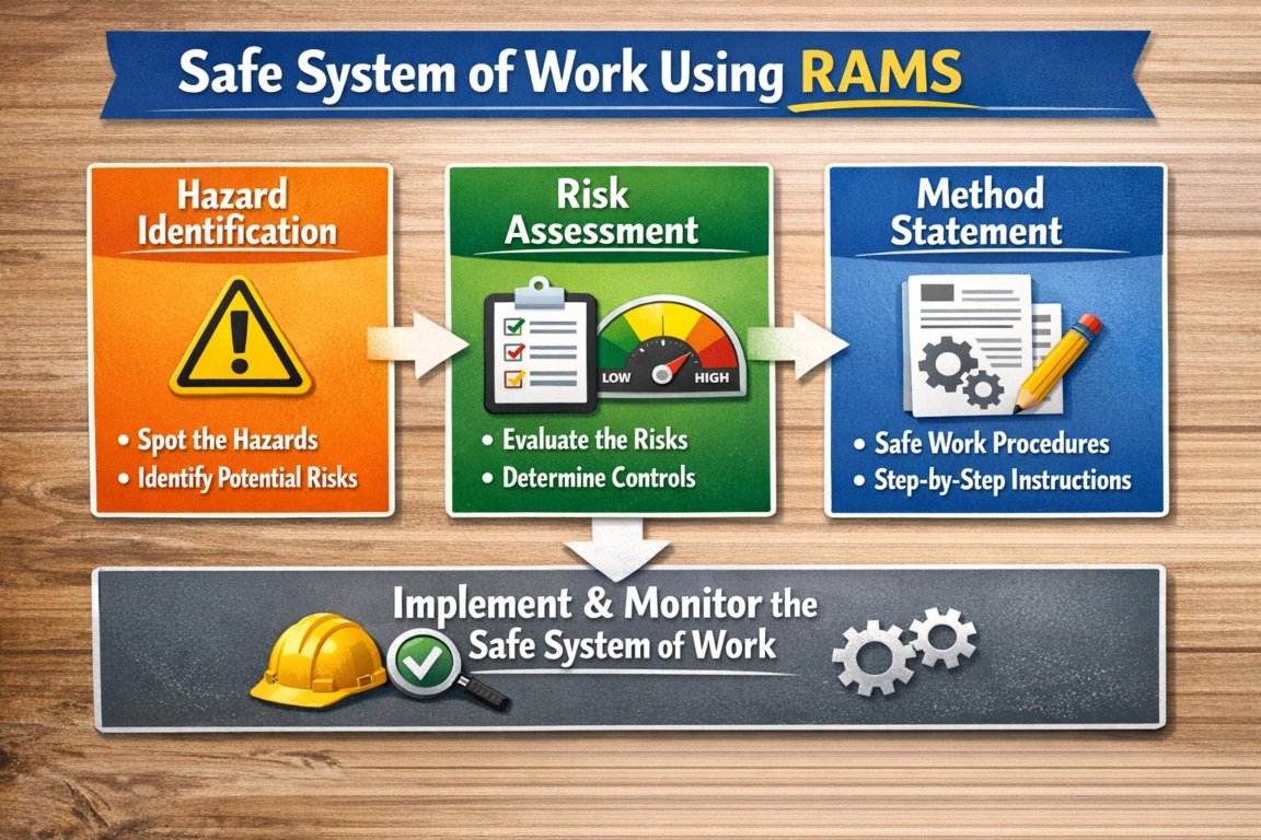Flowchart showing safe system of work using RAMS including hazard identification risk assessment and method statement steps