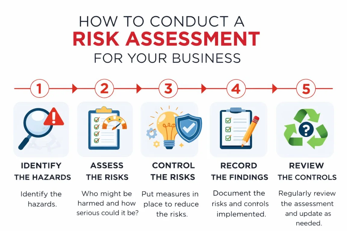 Step-by-step diagram explaining how to conduct a risk assessment for a business