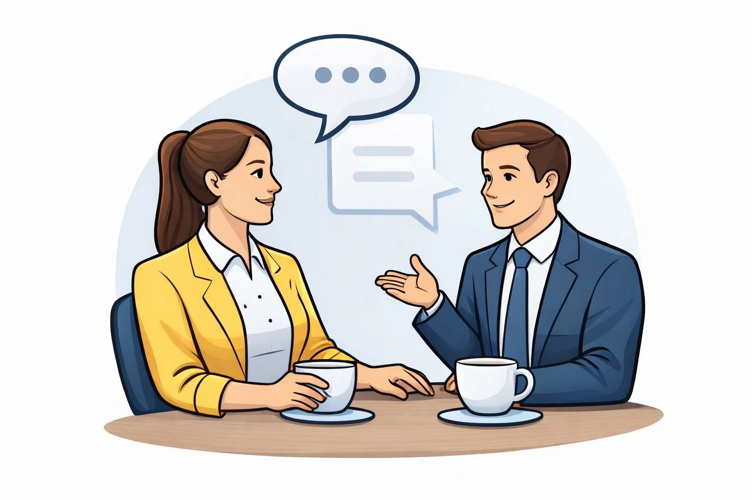 Two business professionals having an initial consultation meeting over coffee, discussing premises and fire safety requirements.