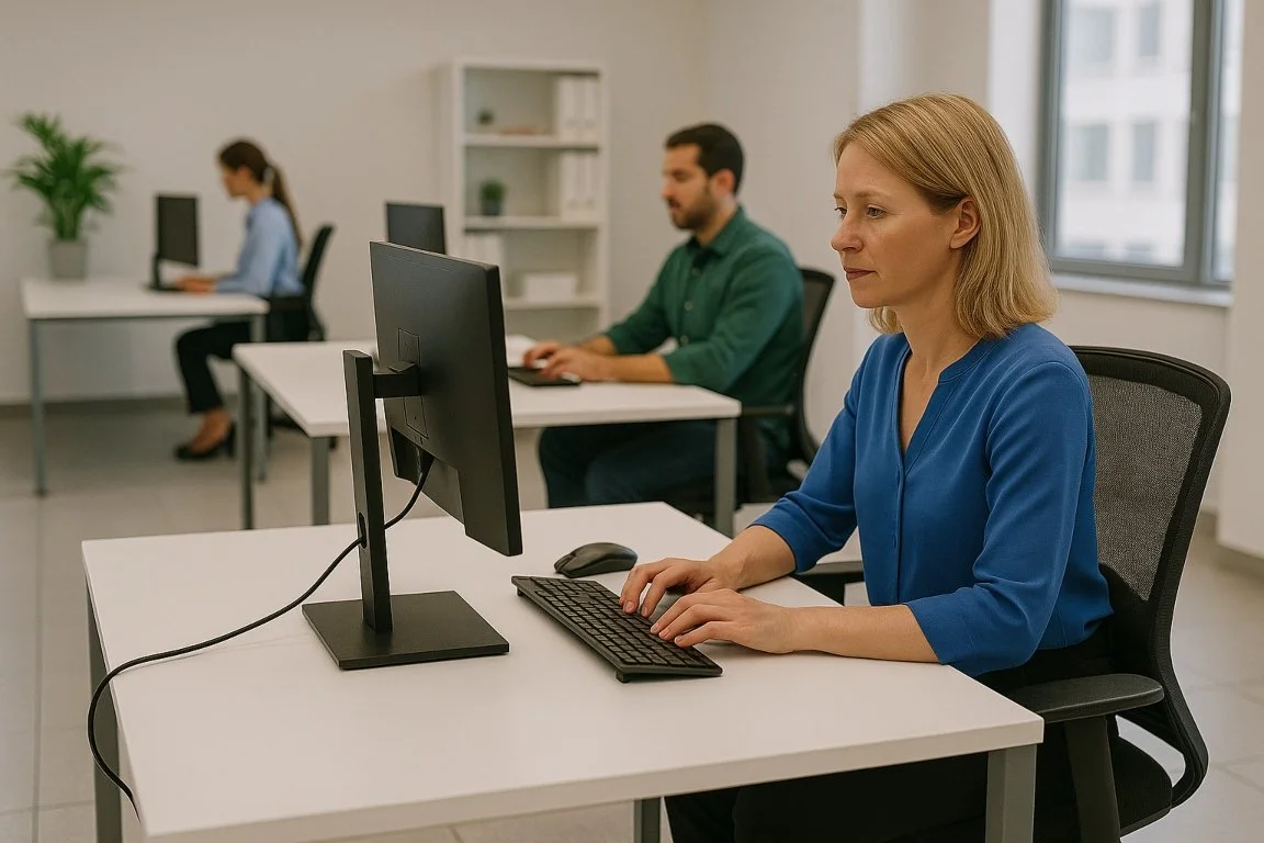 Modern office workspace demonstrating ergonomic desk setup, safe cable management, and clear walkways for improved workplace health and safety.
