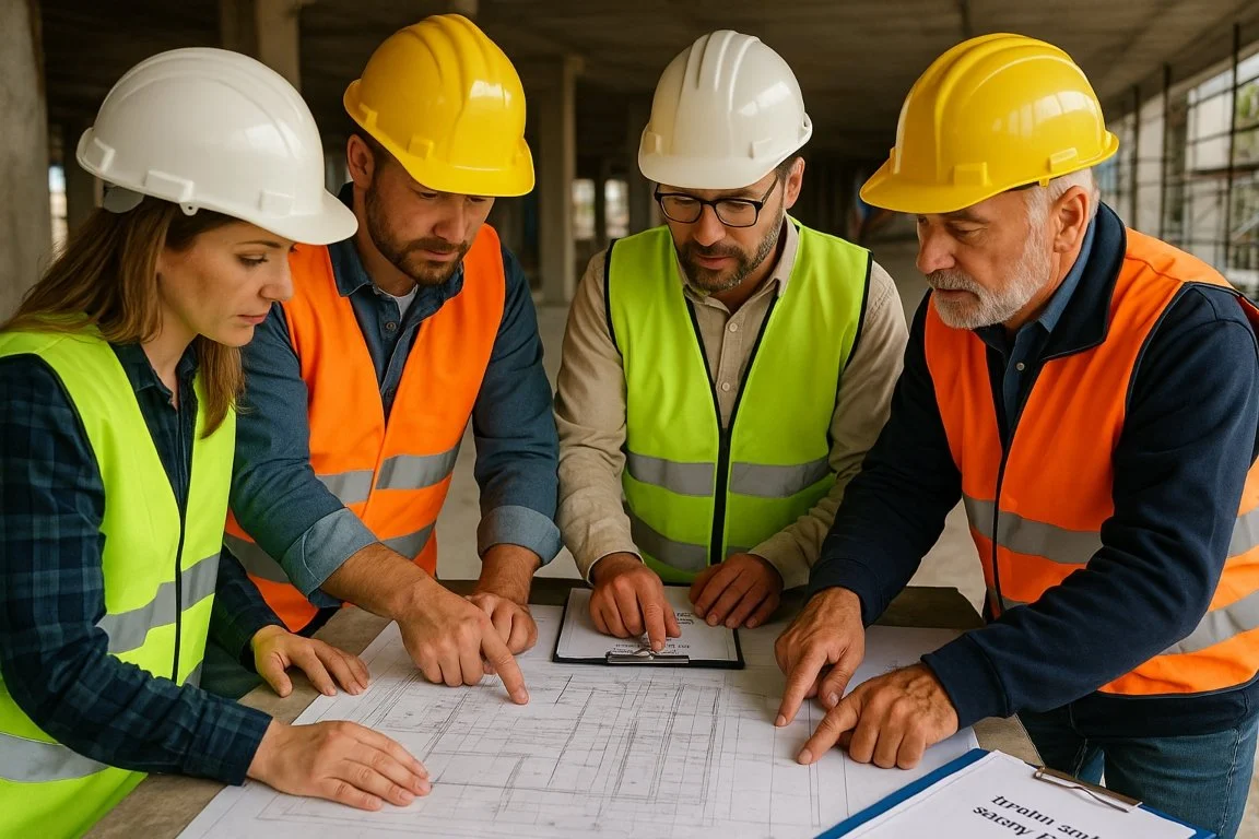 Construction team reviewing CDM safety plans and architectural drawings during the pre-construction phase.