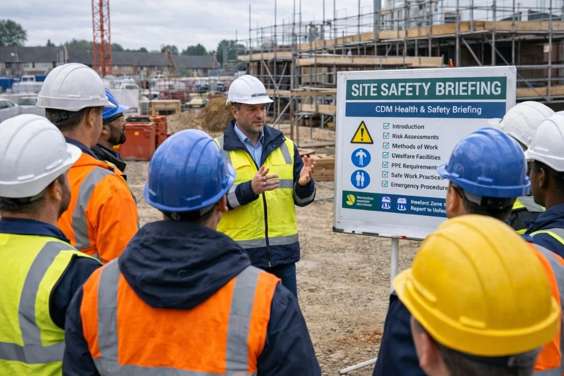 Construction workers attending a site safety briefing as part of CDM health and safety management