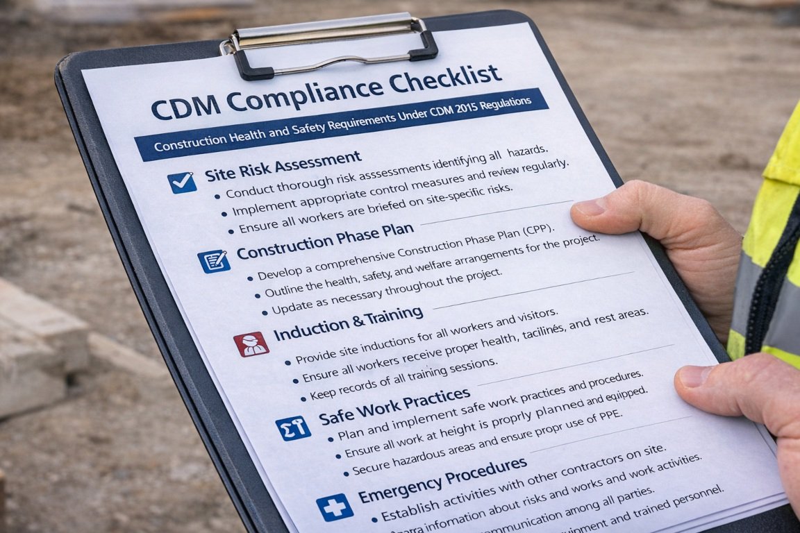 CDM compliance checklist showing key construction health and safety requirements under CDM 2015 regulations