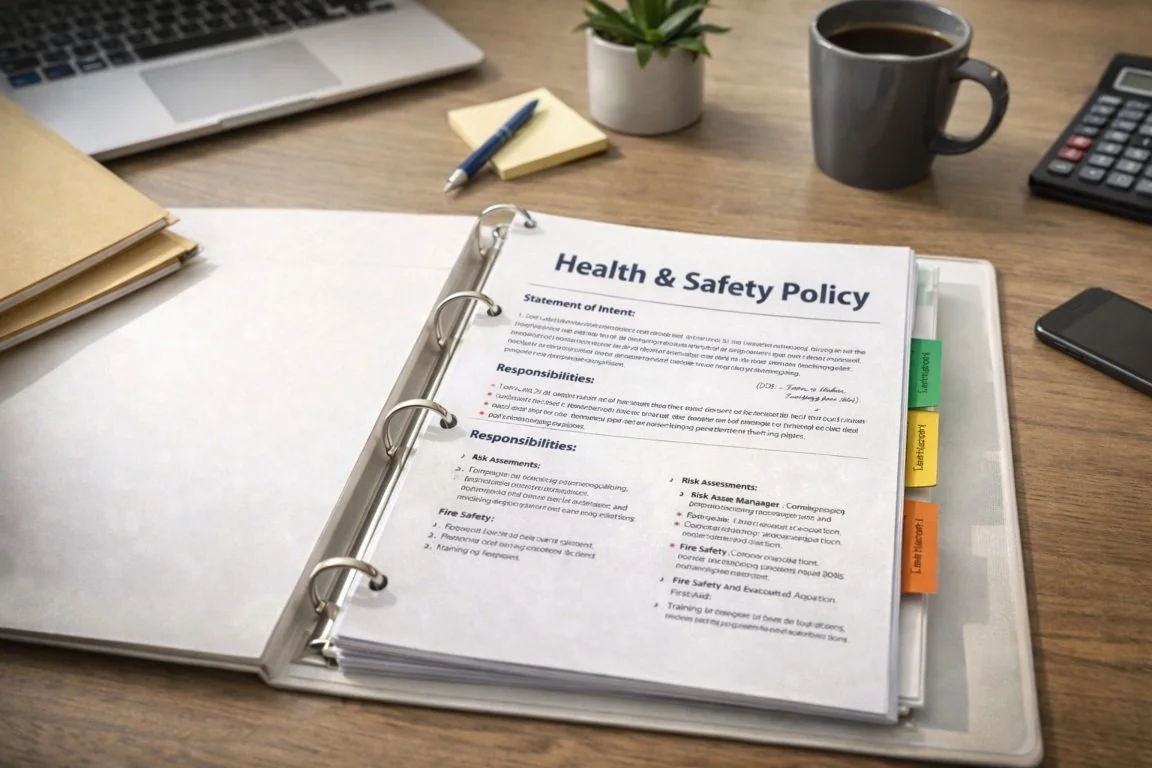 Health and safety policy document for a UK small business showing responsibilities and safety arrangements