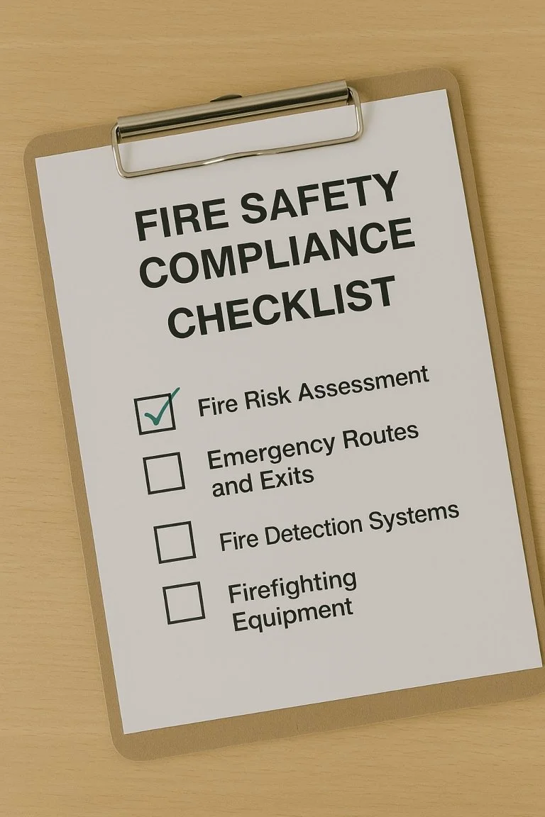 Fire safety compliance checklist representing legal fire risk assessment requirements for UK businesses.