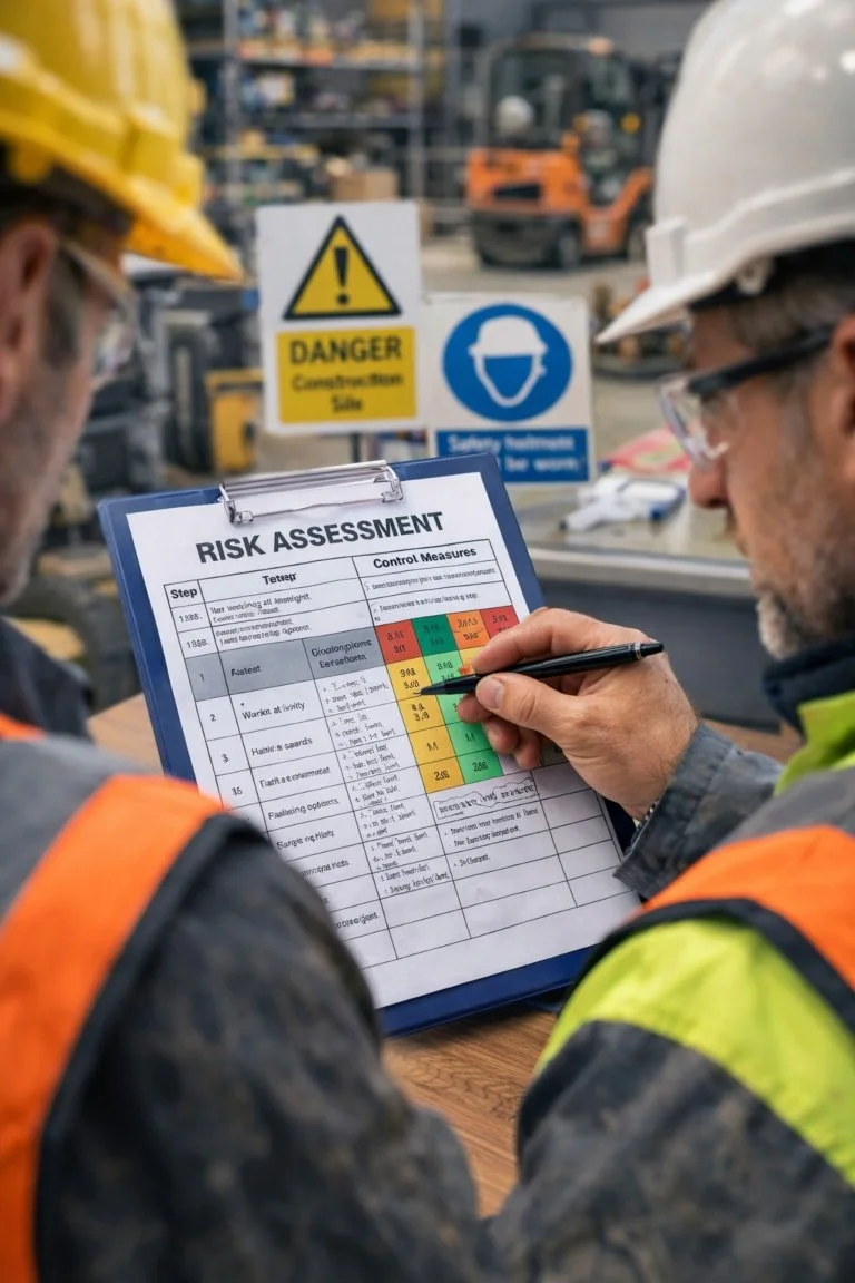 Risk assessment process identifying hazards and control measures in the workplace