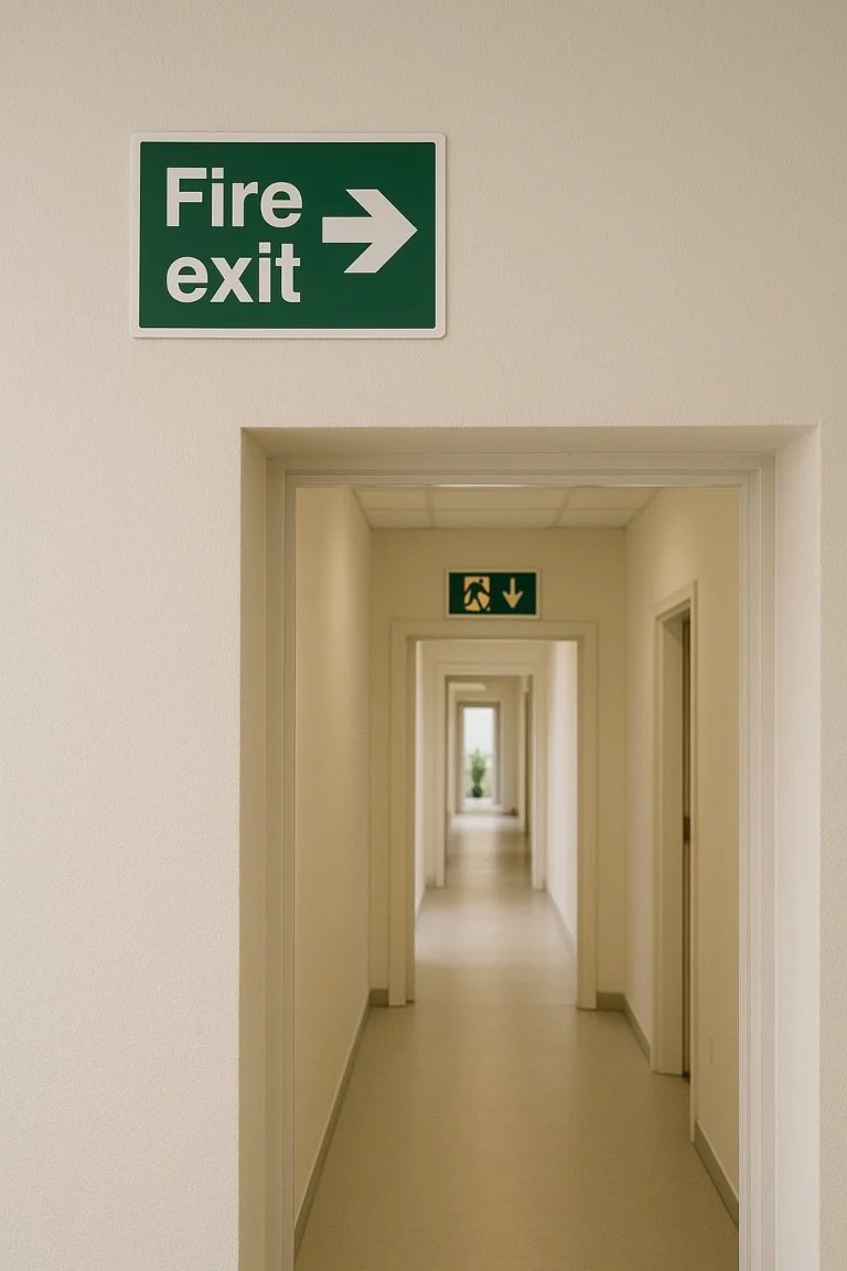 Emergency exit route with clear signage illustrating fire safety obligations under UK fire regulations.