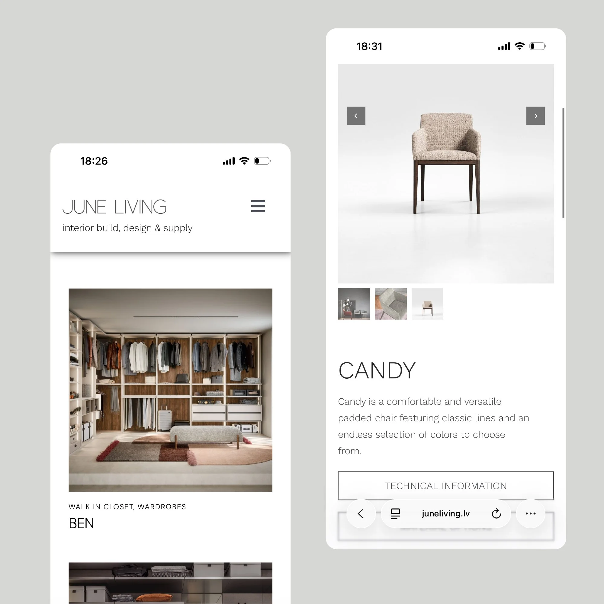 Screenshots of an interior furniture website displayed on mobile devices. The first screen shows the homepage with the website's name "JUNE LIVING" and images of a walk-in closet and wardrobe. The second screen shows a detailed view of a beige upholstered chair named 'Candy,' with a description and thumbnail images of similar furniture.