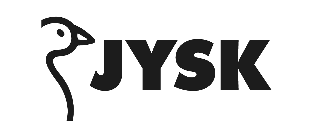 Black and white JYSK store logo featuring a stylized flamingo and text.