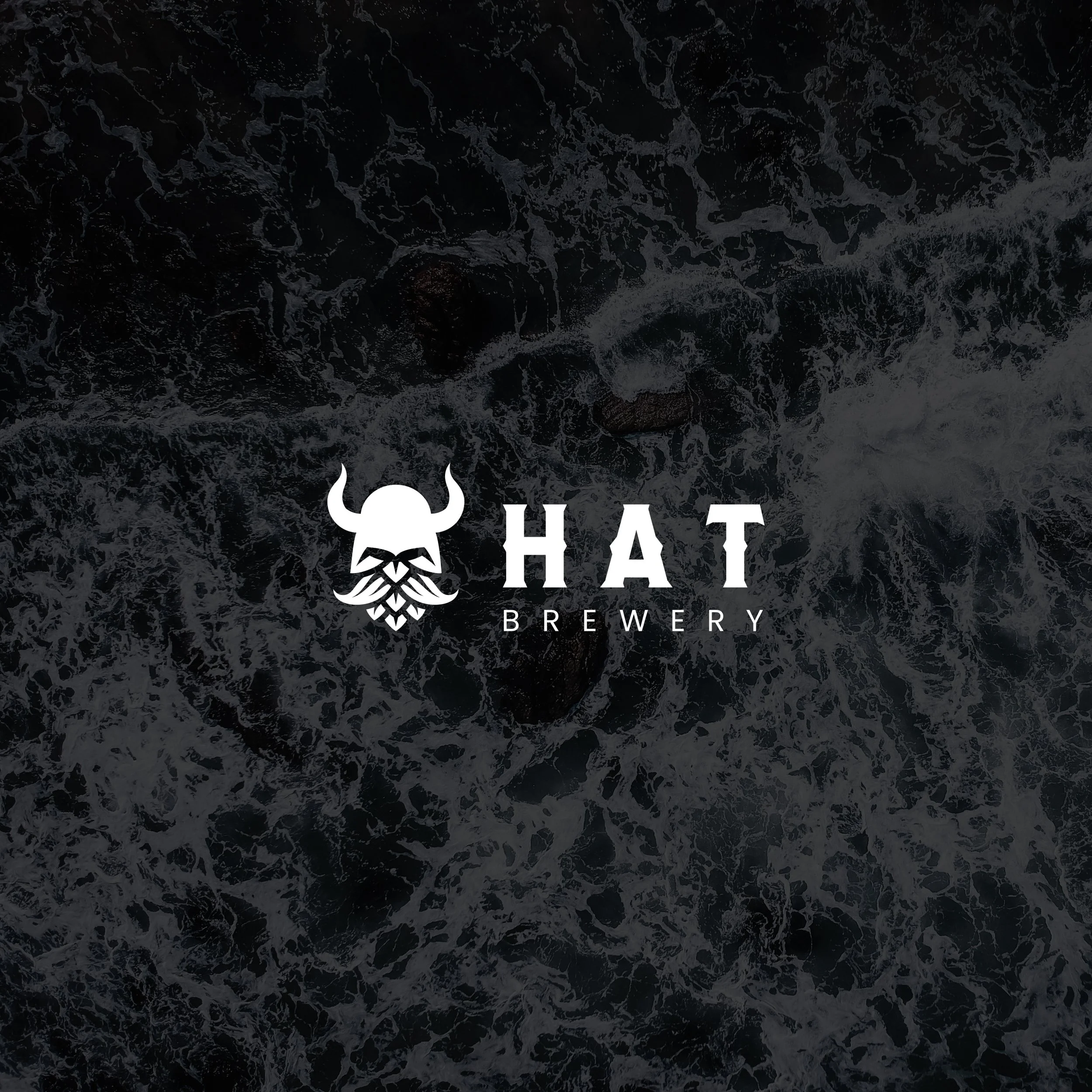 A logo for HAT Brewery features a stylized Viking helmet with horns, a bearded face, and intricate beard details, set against an aerial view of ocean waves.