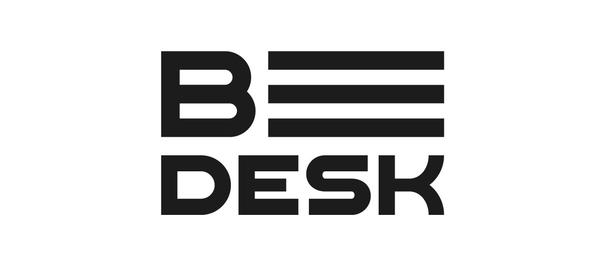 Black and white logo with the text 'BE DESK' and three horizontal lines above 'BE'.