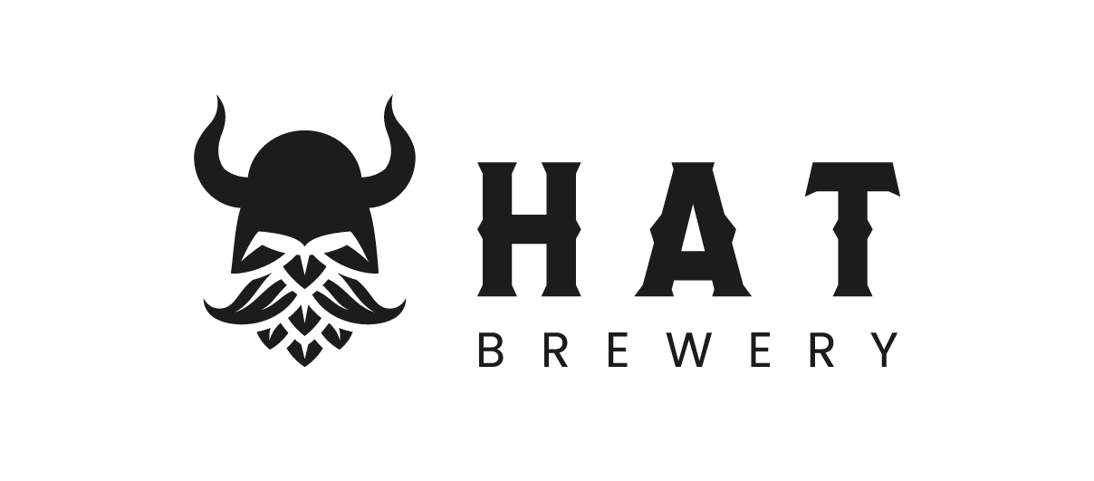 Black and white logo for Hat Brewery featuring a stylized Viking helmet with horns and a beard, with the words 'HAT BREWERY' to the right.