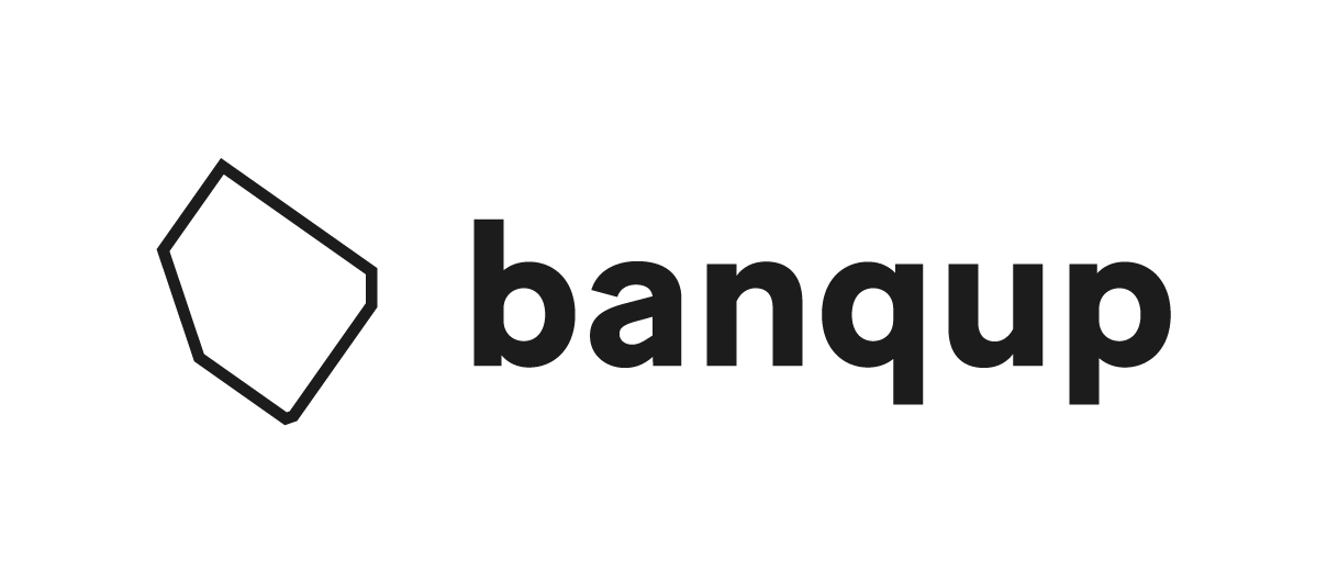 Logo with a geometric shape resembling a polygon and the word 'banqup' in bold black text