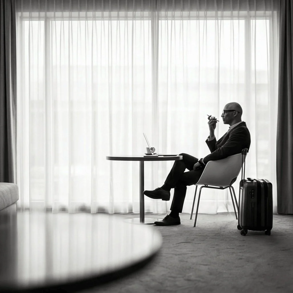 A man in a suit and glasses sitting in a chair at a table, smoking a cigarette, with a laptop and a glass on the table, and a suitcase on the floor nearby in front of large window with sheer curtains.