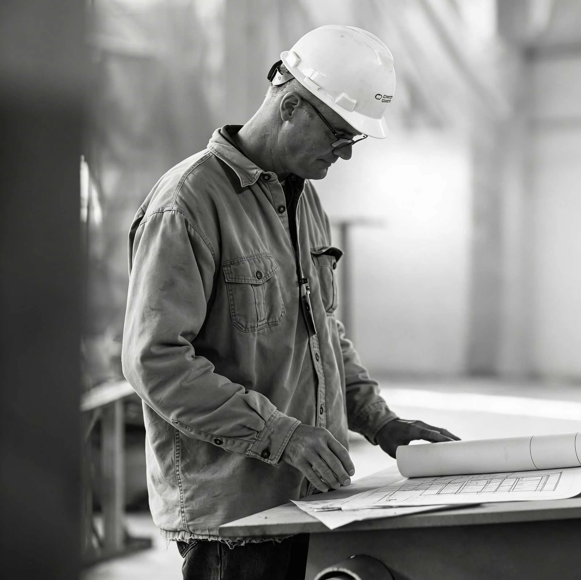 Construction worker studying technical drawings on site
