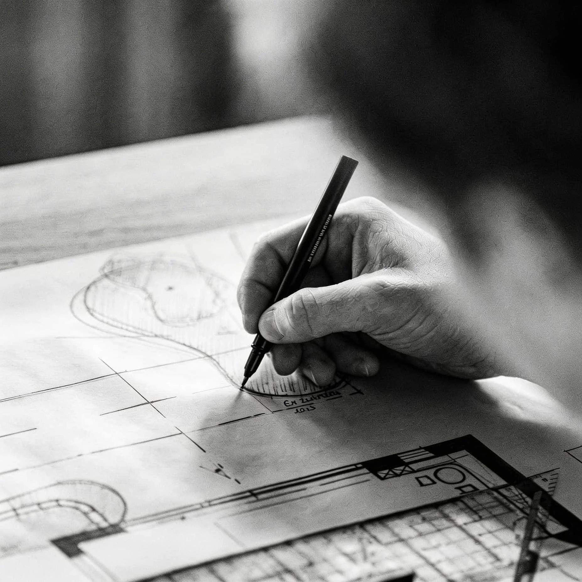 Engineer drawing MEP building services schematics on paper