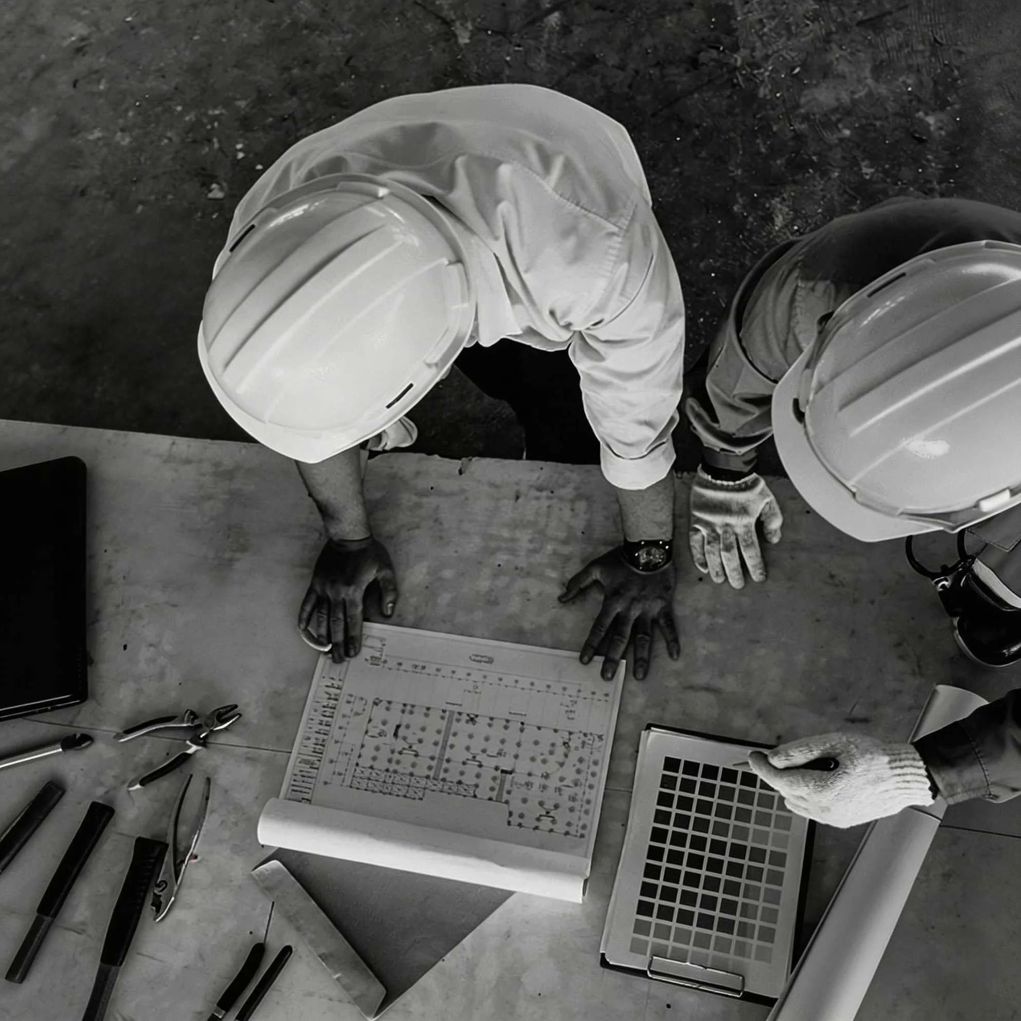 Structural engineer reviewing technical blueprints on a construction site