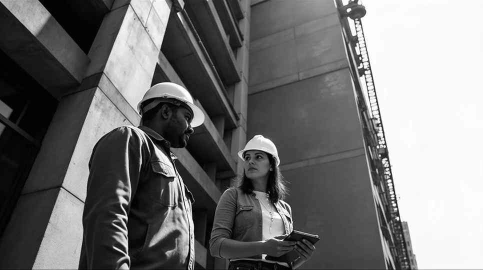 Two construction workers, a man and a woman, wearing safety helmets at a construction site, with buildings in the background; the woman is holding a clipboard or tablet.
