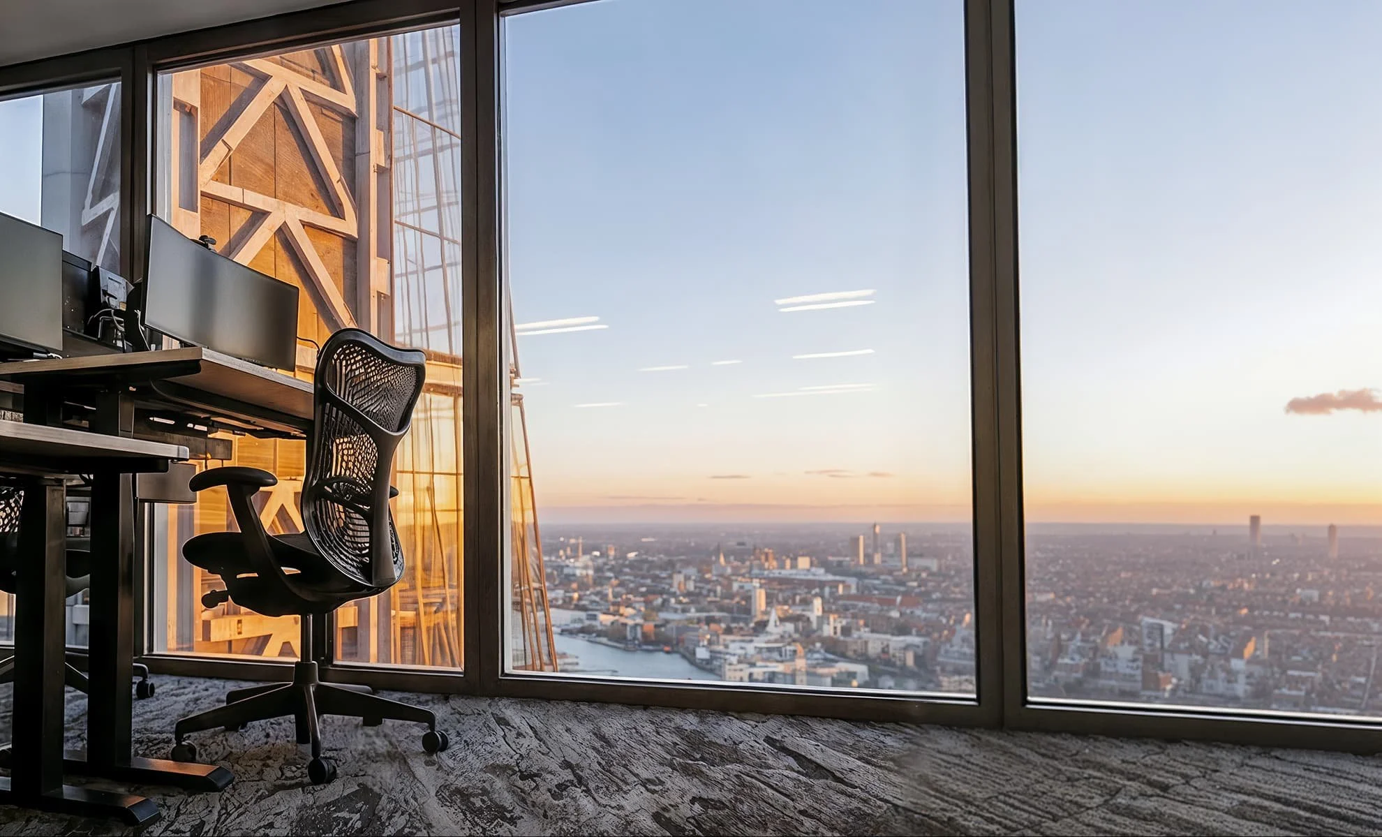 Office space with a desk and ergonomic chair, large floor-to-ceiling windows showing a city skyline at sunset.