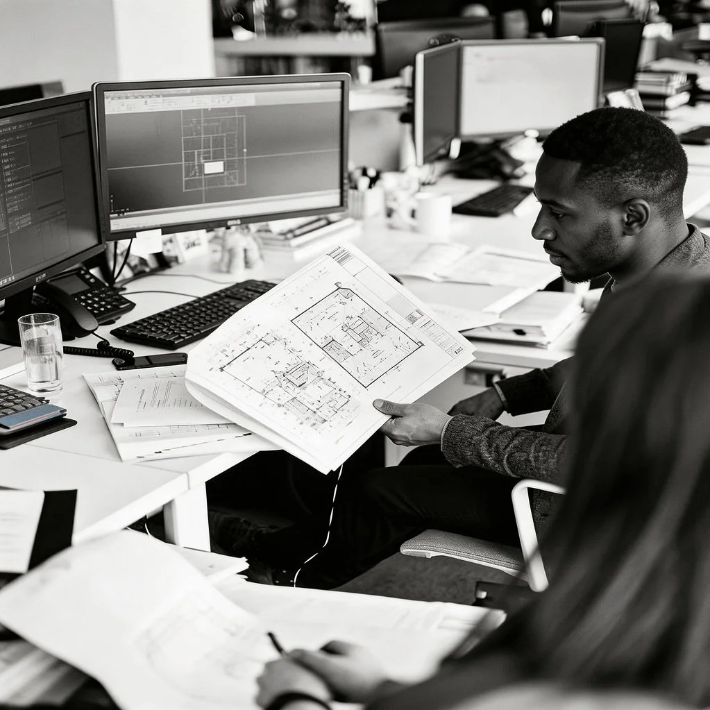 A man working at a desk in an office, examining architectural blueprints with multiple computer monitors and office supplies around.