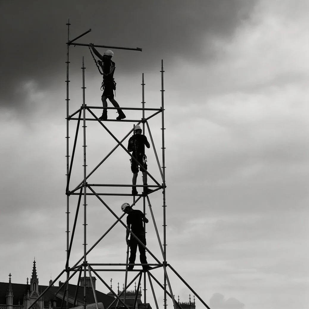 Silhouettes of three construction workers wearing safety helmets working on a tall metal scaffolding structure against an overcast sky.