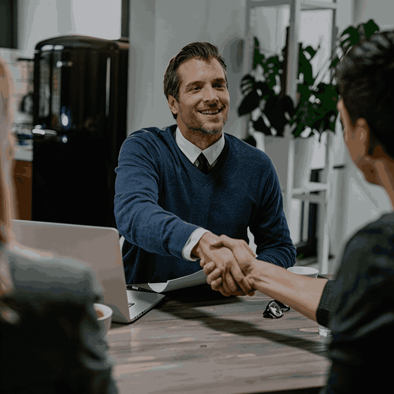 Employer shaking hands with a recruiter during a successful hiring meeting in a modern office