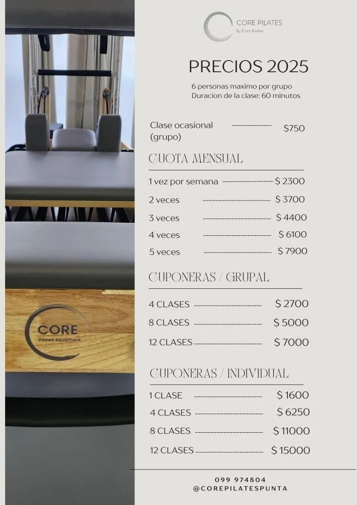 Price list for Core Pilates classes in 2025 including group classes, monthly rates, and individual and group coupons at Core Pilates equipment studio.