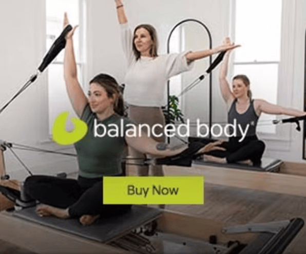 Three women training on Pilates reformers indoors with a logo and “Buy Now” button, illustrating equipment used at UruPilates by Zohreh Ellison for Pilates in Punta Del Este.
