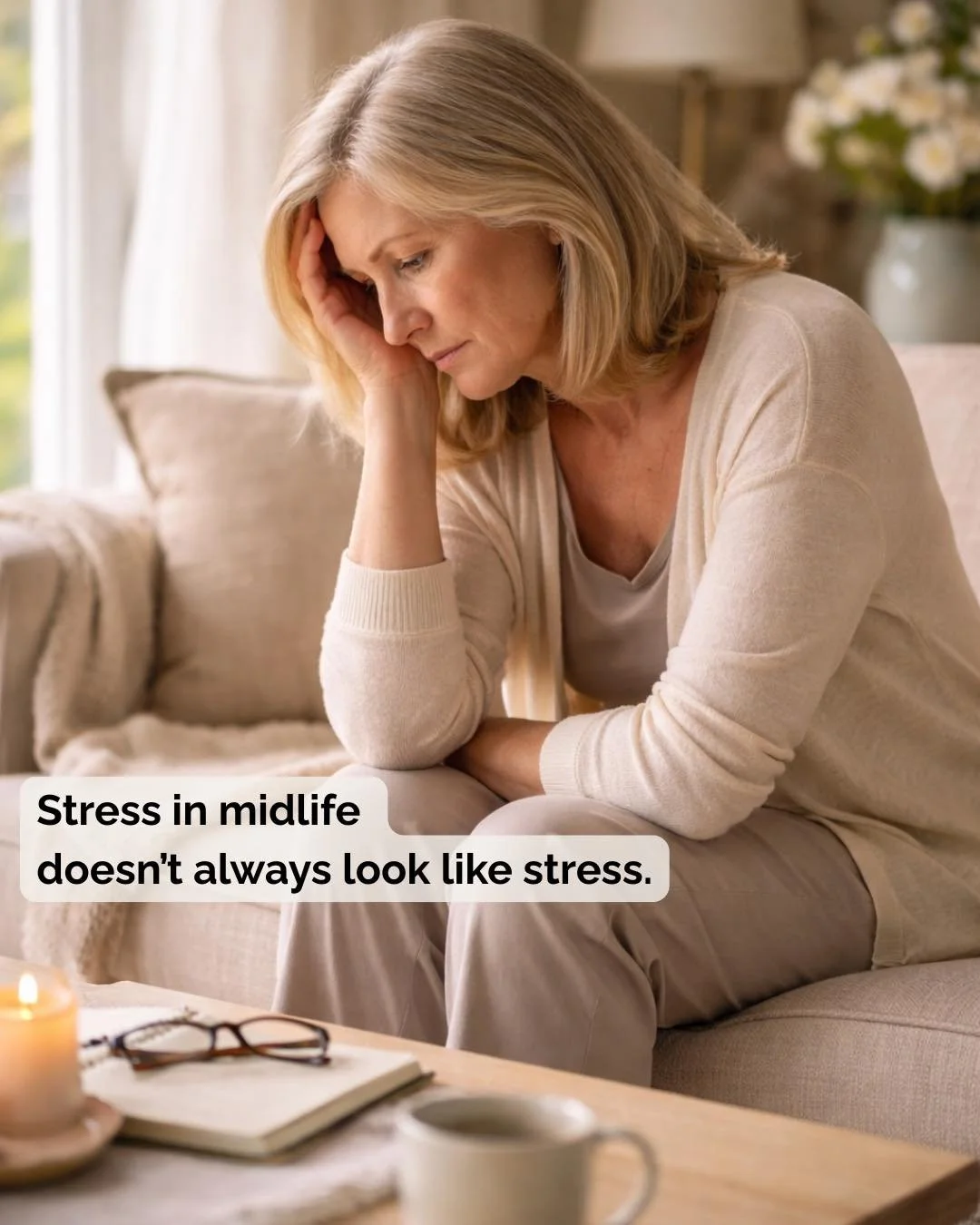 Stress in midlife doesn&rsquo;t always look like stress.

Sometimes it looks like coping.

Keeping things moving.
Holding everything together.
Being the one people rely on.

From the outside, it can look like you&rsquo;ve got it handled.

But inside,