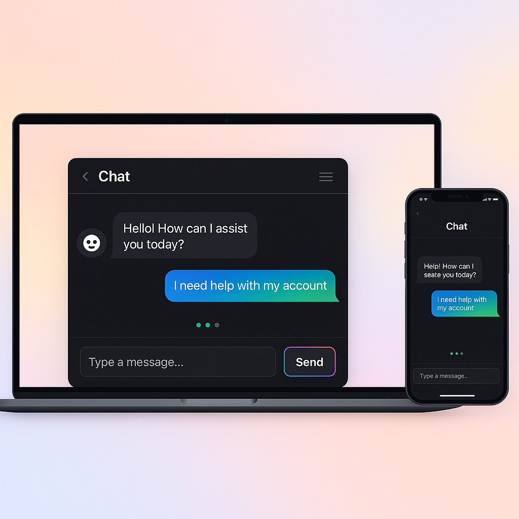 A laptop and a smartphone displaying a chat interface for customer support. The laptop screen shows a chat message asking how to assist, and the smartphone screen shows a similar conversation.