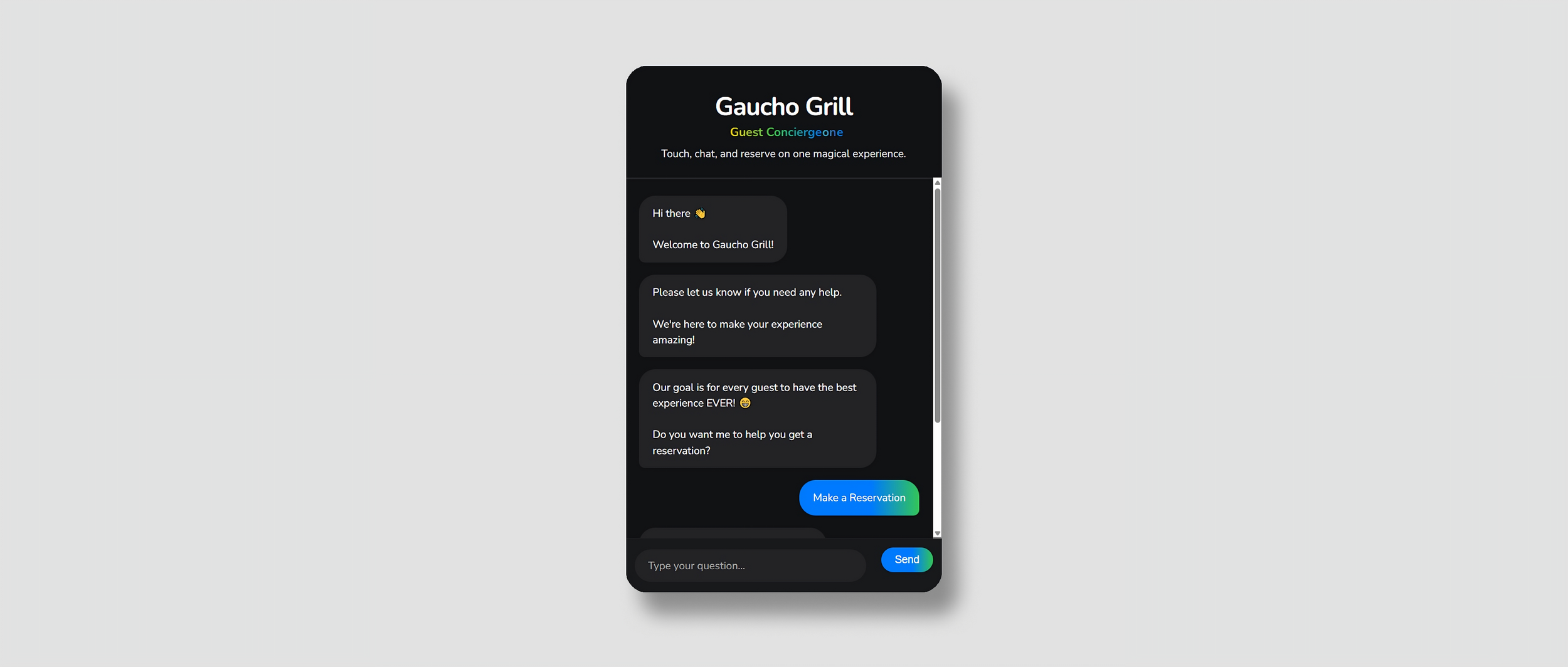 A mobile chat interface for Gaucho Grill featuring a welcome message, customer support options, and a button to make a reservation.