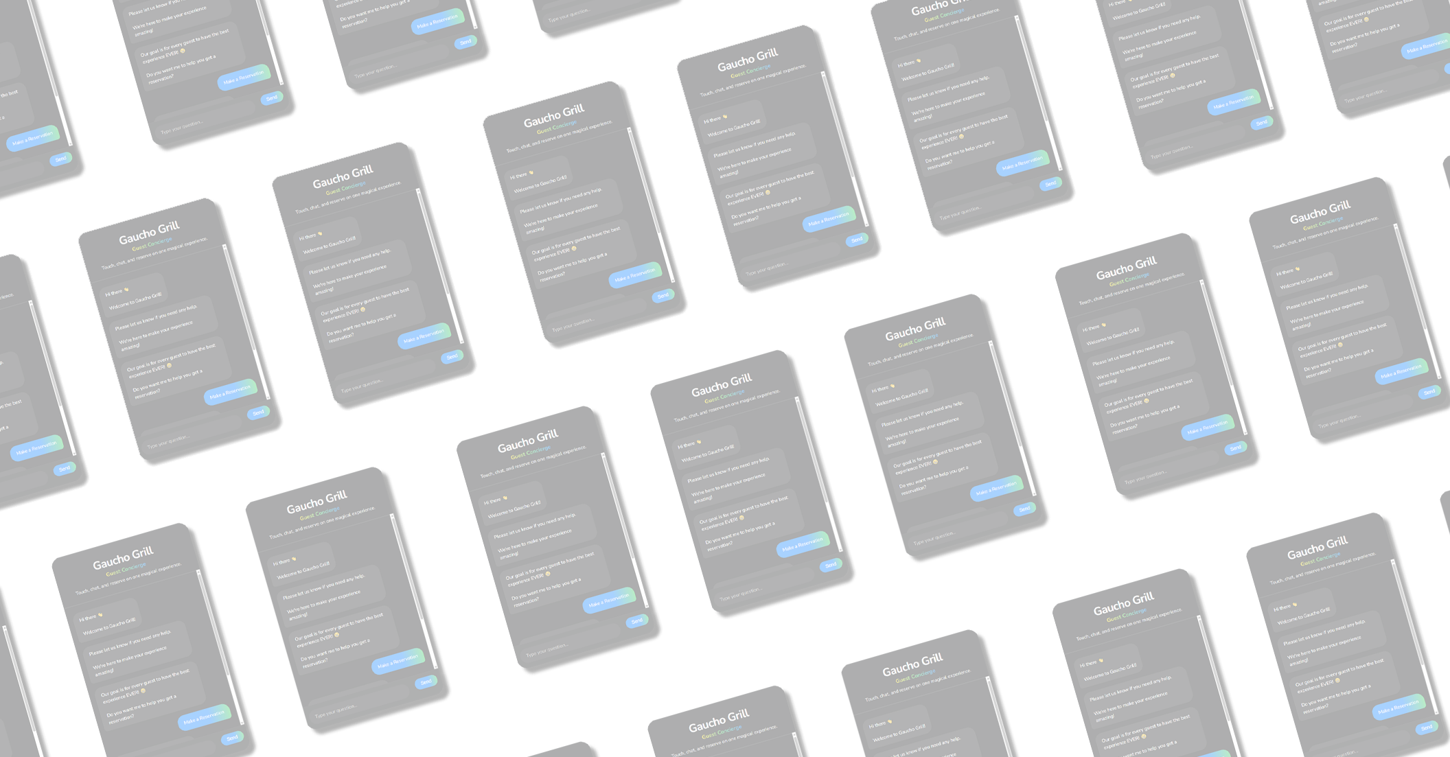 Multiple repeated smartphone screens displaying a chat interface for Gaucho Grill, a guest concierge service, with options to make reservations and send messages.