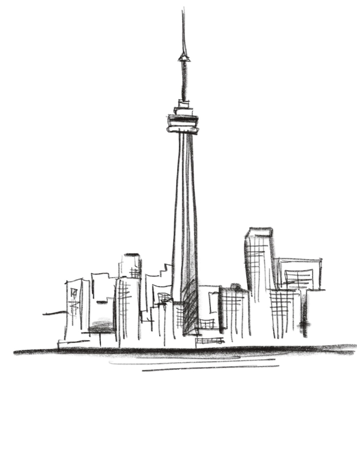 Line drawing of Toronto skyline featuring the CN Tower and surrounding buildings.