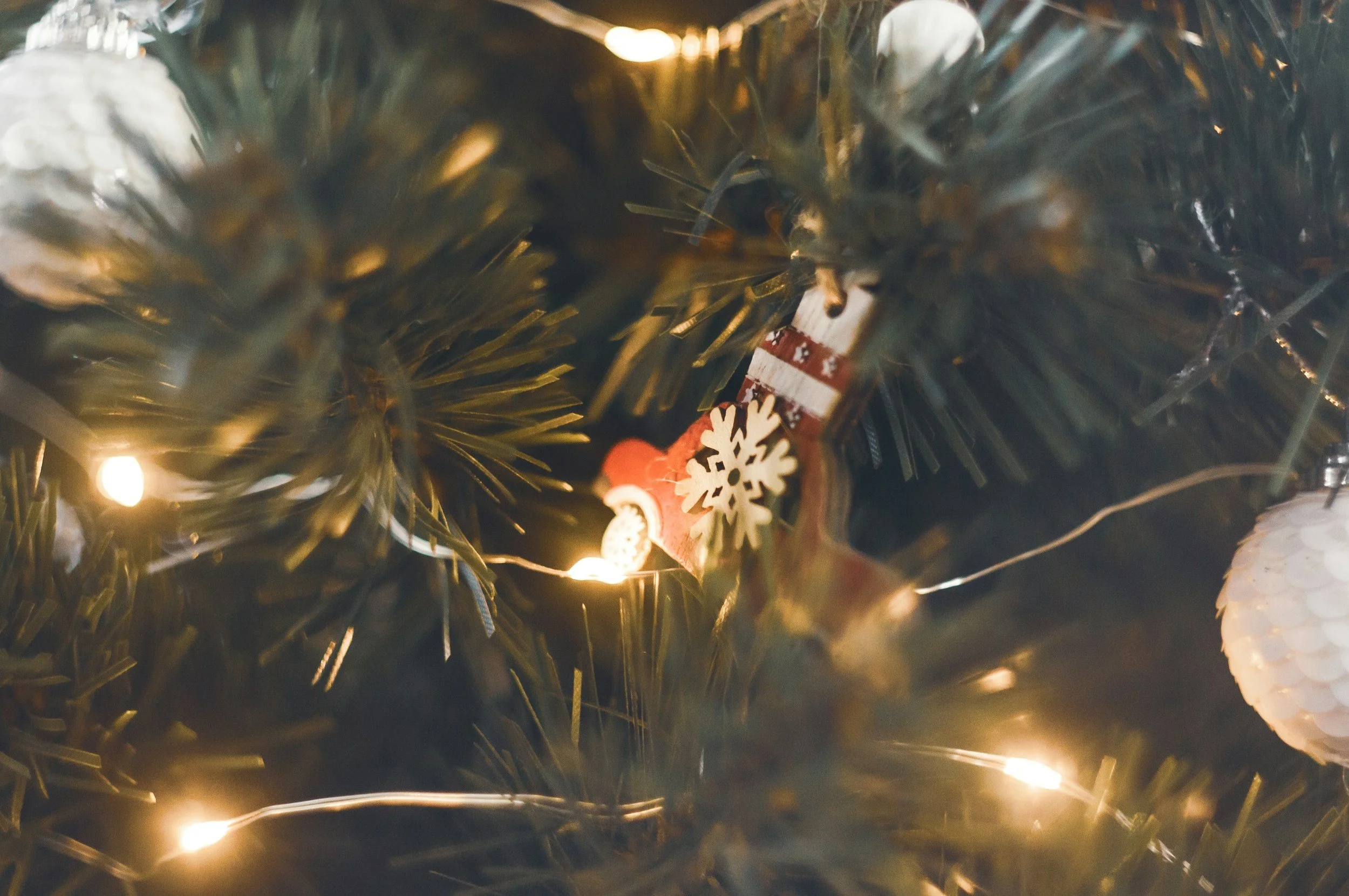 Close-up of a decorated Christmas tree with holiday ornaments and string lights.