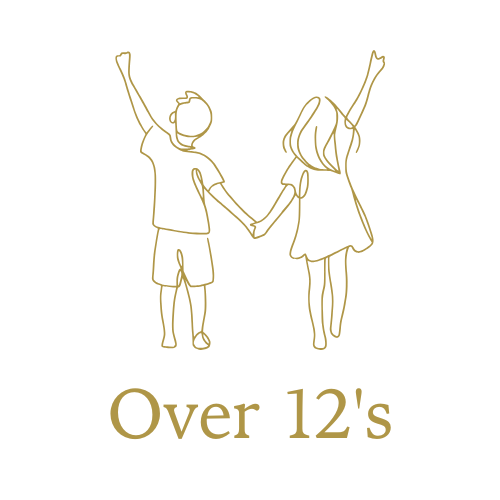 Line drawing of a boy and girl holding hands with their arms raised, and the text 'Over 12's' below.