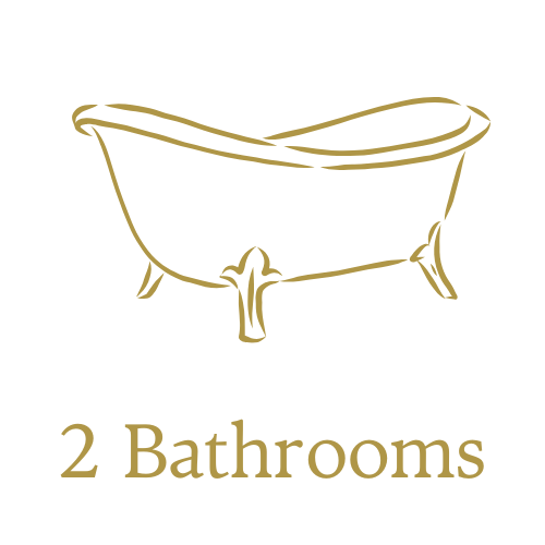 A gold outline drawing of a clawfoot bathtub with the text '2 Bathrooms' underneath