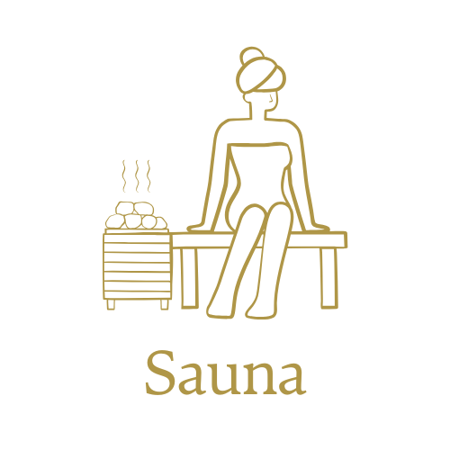 Line drawing of a woman sitting on a bench next to a sauna heater with stones, with the word 'Sauna' written below.